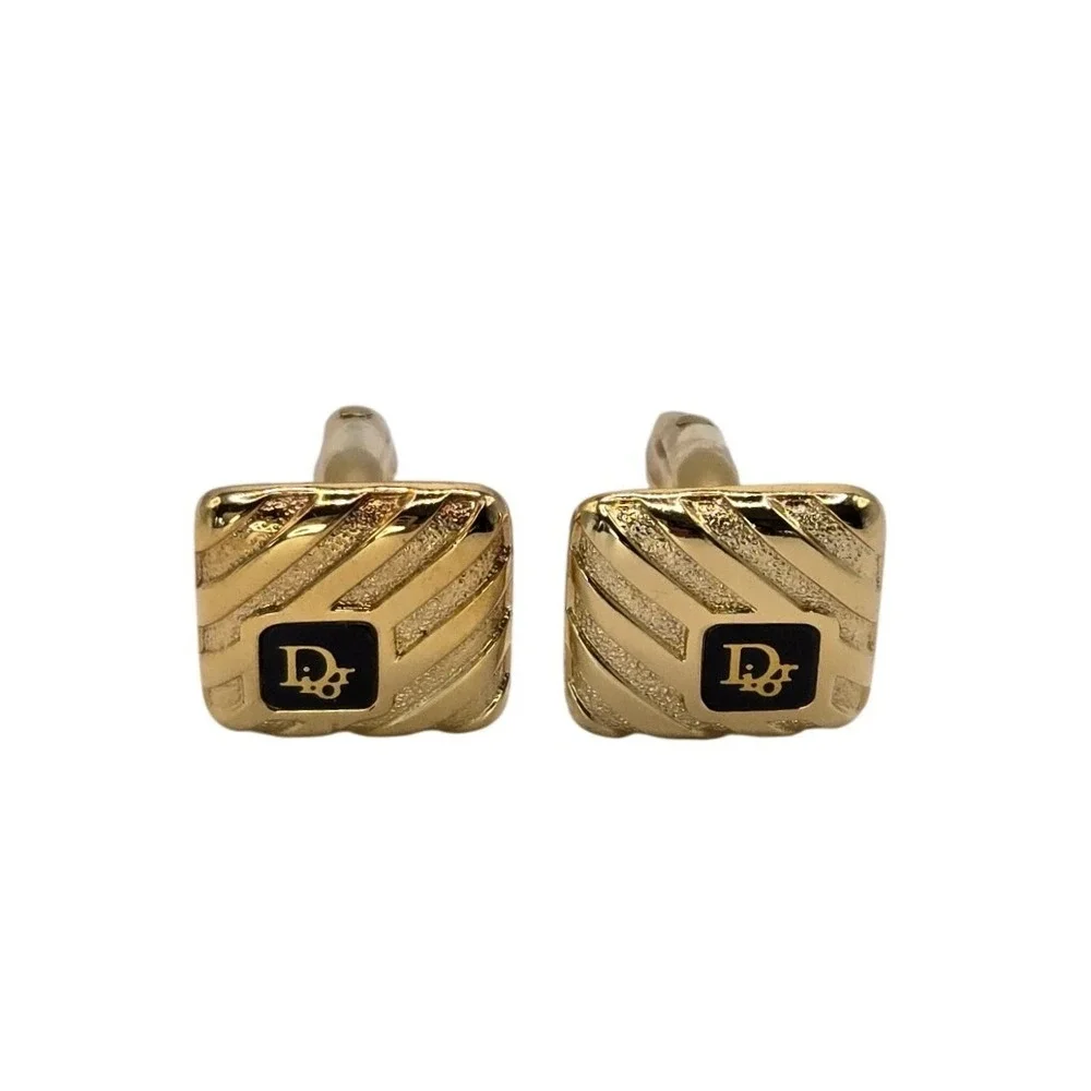 Christian Dior Vintage Mens Gold Tone Black Enamel CD Logo Square Cufflinks